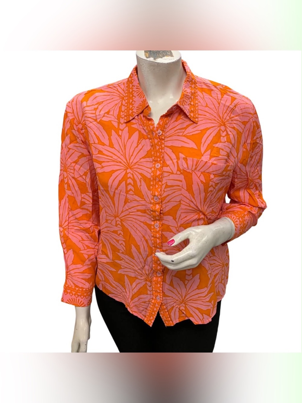 True Destination Tropical Orange & Pink Button-Front Shirt Size L